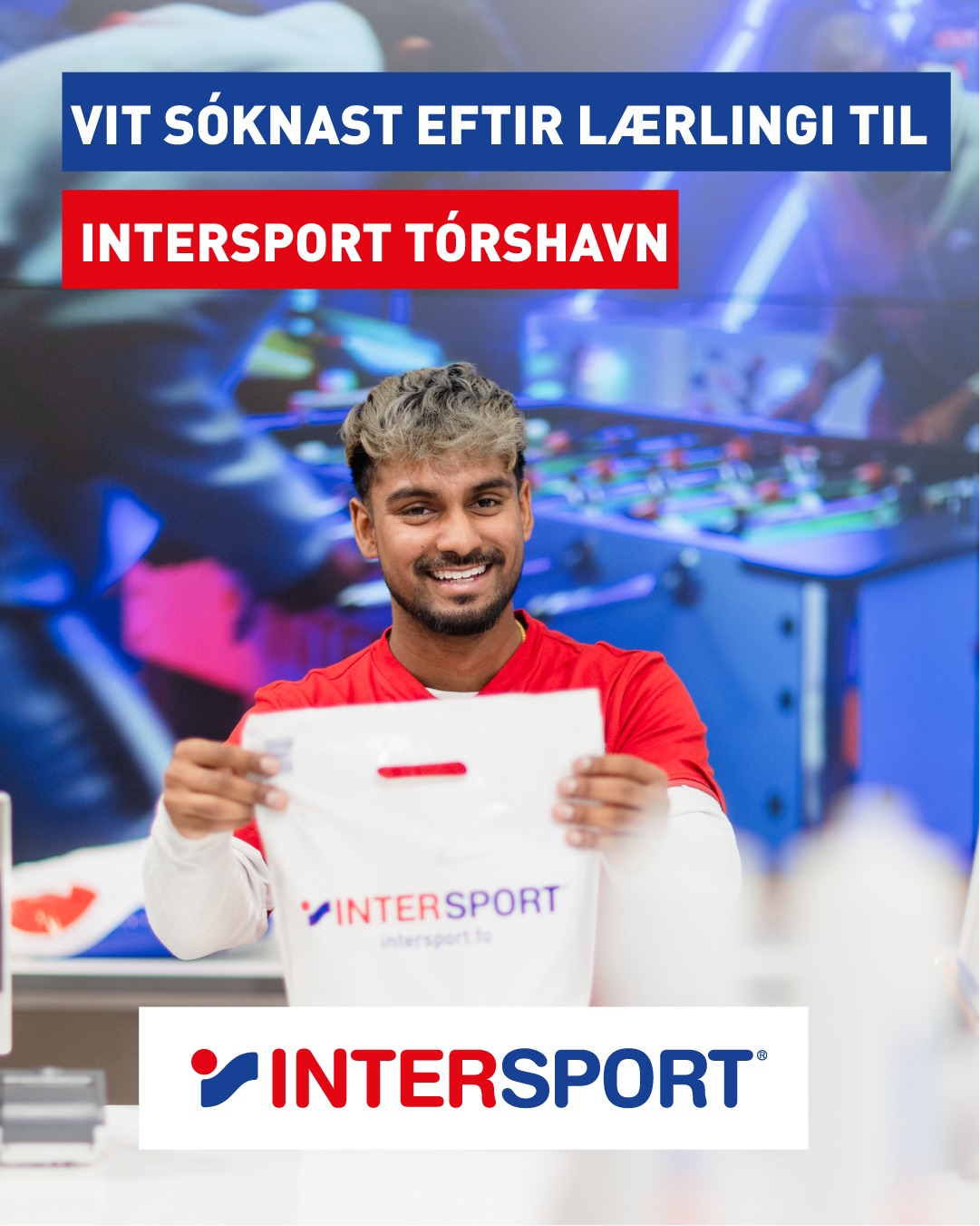 May be an image of Tekstur, ið sigur "VIT SÓKNAST EFTIR LAERLINGI TIL INTERSPORT TÓRSHAVN 一 INTERSPORT interspert.fo INTERSPORT"