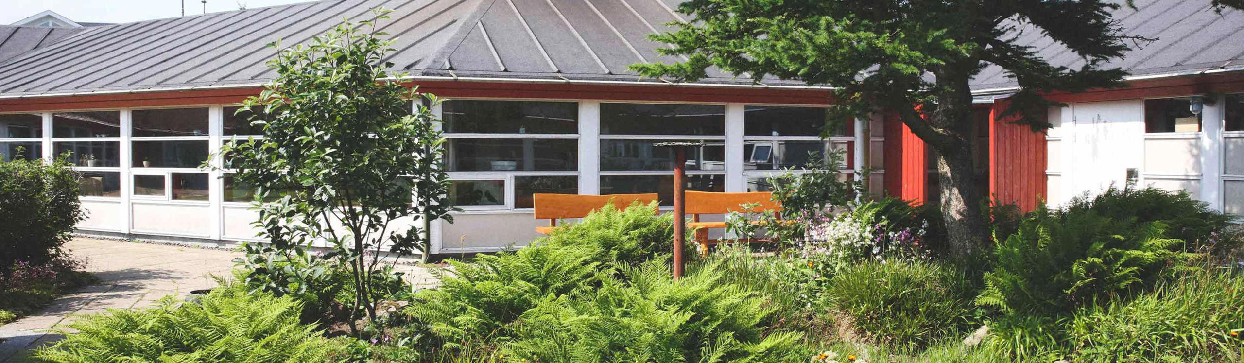 A modern building with a sloped roof, surrounded by greenery and plants, featuring large windows and wooden benches outside.