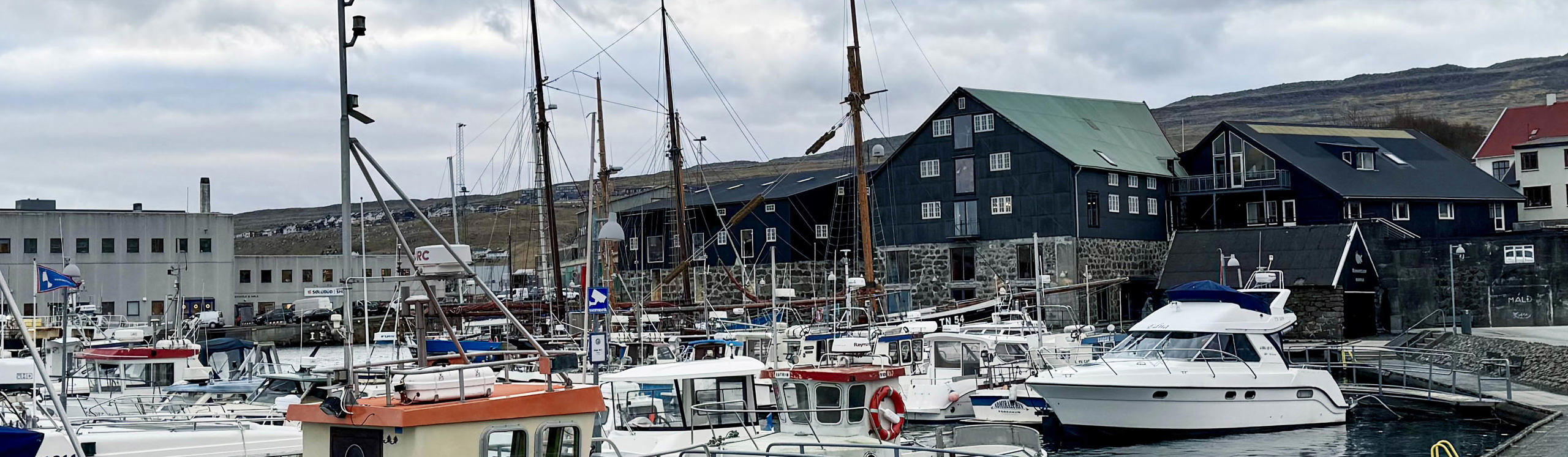 A busy harbor filled with various boats, surrounded by buildings and hills under a cloudy sky.