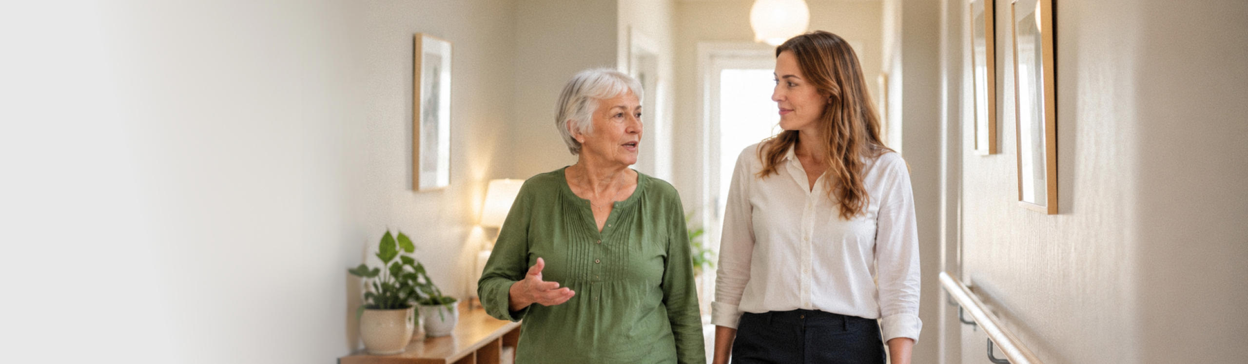 Two women are walking and talking in a well-lit hallway, surrounded by plants and framed pictures on the walls.